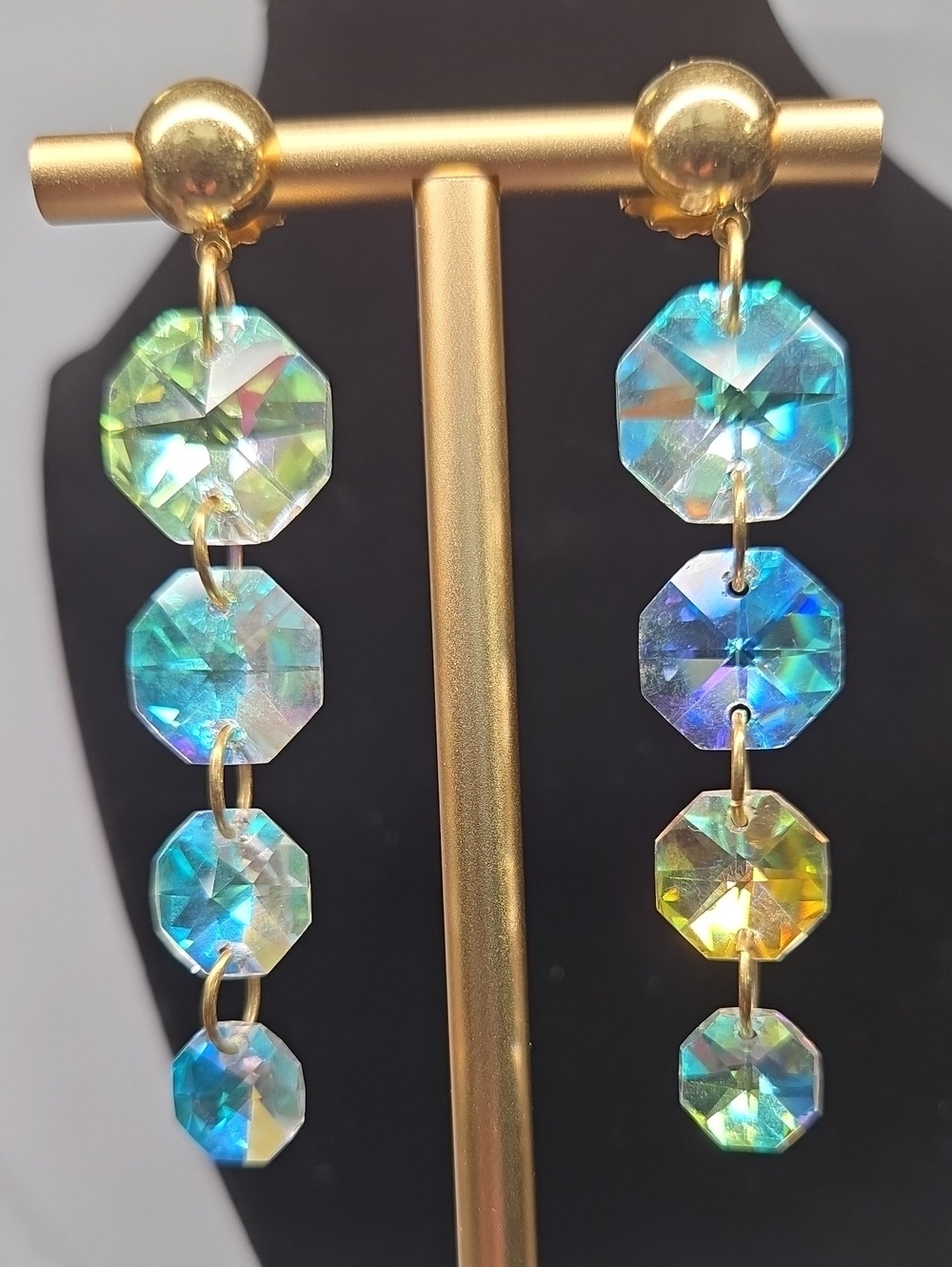 Avon Gold-Tone Dangle Earrings with Blue-Green Iridescent Crystals